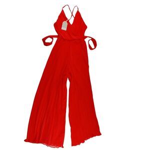 Beyond Words Red Jumpsuit Pleated‎ Wide Leg Spaghetti Strap XS